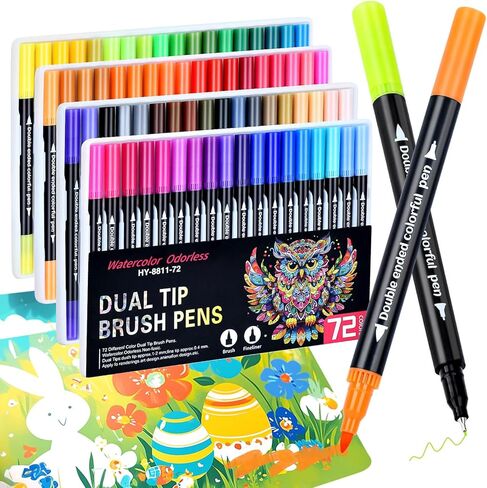 علامات لكتب التلوين للبالغين لا تنزف ، 24 لونًا علامات مزدوجة قائمة على الماء ، نصيحة مزدوجة مع أقلام نصيحة وفرشاة للألعاب الخطية ، مجموعة علامات الإمدادات الفنية لرسم الفنون DIY الحرف اليدوية in Kuwait
