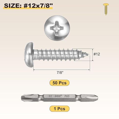 مسامير METALLIXITY Phillips Pan Head ذاتية التنصت (#12x7/8) 50 قطعة، برغي حفر ذاتي من الفولاذ المقاوم للصدأ 304 للخشب المعدني والبلاستيك مع لقمة، لأثاث لوحة مصراع الحائط في الخزانة، فضي in Kuwait