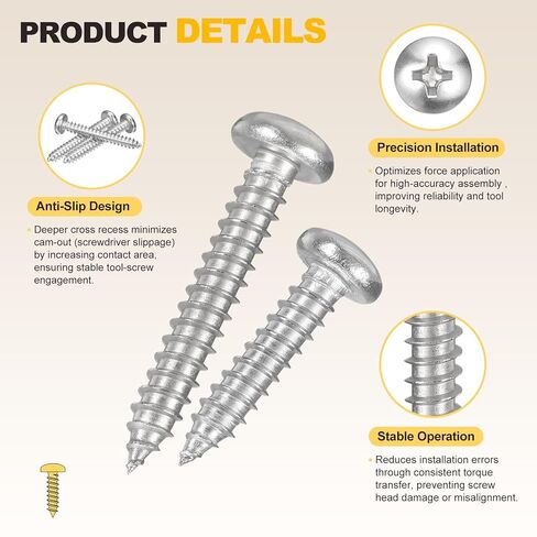 مسامير METALLIXITY Phillips Pan Head ذاتية التنصت (#12x7/8) 50 قطعة، برغي حفر ذاتي من الفولاذ المقاوم للصدأ 304 للخشب المعدني والبلاستيك مع لقمة، لأثاث لوحة مصراع الحائط في الخزانة، فضي in Kuwait