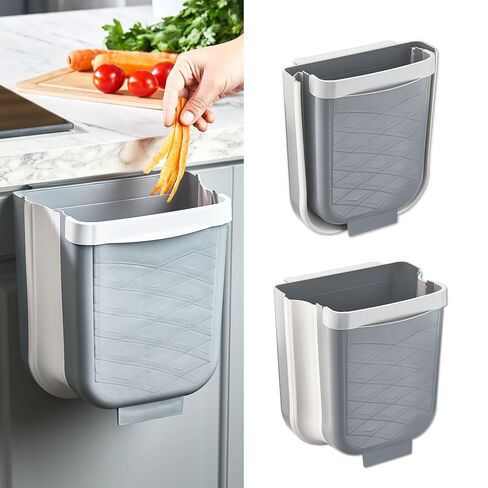 Hakan Hanging Foldable Trash Can for Kitchen Cabinet Door | Collapsible Narrow Waste Bin | Compact Travel Trash Can | Space Saving 6 L Plastic Garbage Bin Under Sink | 1.5 Gallon Waste Basket, Gray in Kuwait