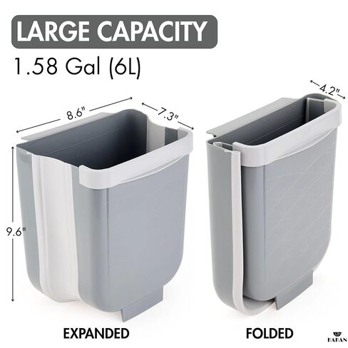 Hakan Hanging Foldable Trash Can for Kitchen Cabinet Door | Collapsible Narrow Waste Bin | Compact Travel Trash Can | Space Saving 6 L Plastic Garbage Bin Under Sink | 1.5 Gallon Waste Basket, Gray in Kuwait