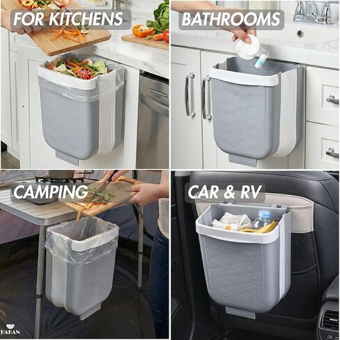 Hakan Hanging Foldable Trash Can for Kitchen Cabinet Door | Collapsible Narrow Waste Bin | Compact Travel Trash Can | Space Saving 6 L Plastic Garbage Bin Under Sink | 1.5 Gallon Waste Basket, Gray in Kuwait