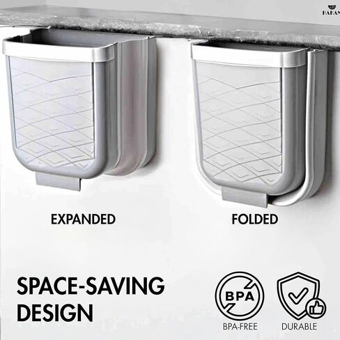Hakan Hanging Foldable Trash Can for Kitchen Cabinet Door | Collapsible Narrow Waste Bin | Compact Travel Trash Can | Space Saving 6 L Plastic Garbage Bin Under Sink | 1.5 Gallon Waste Basket, Gray in Kuwait