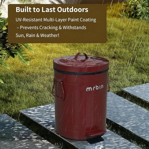 سلة مهملات فضلات الكلاب من MRBIN مع غطاء، سلة نفايات مستديرة للحيوانات الأليفة في الهواء الطلق سعة 9 لتر/2.4 جالون مع دواسة، سطل قمامة بدون لمس للفناء الخارجي، الفناء، المرآب، تصميم مخطط روماني أحمر in Kuwait