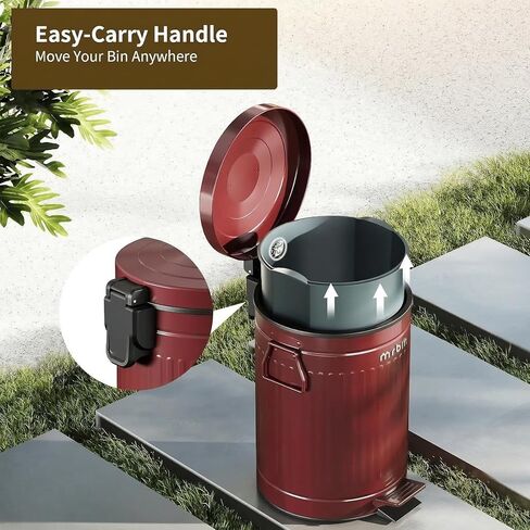 سلة مهملات فضلات الكلاب من MRBIN مع غطاء، سلة نفايات مستديرة للحيوانات الأليفة في الهواء الطلق سعة 9 لتر/2.4 جالون مع دواسة، سطل قمامة بدون لمس للفناء الخارجي، الفناء، المرآب، تصميم مخطط روماني أحمر in Kuwait