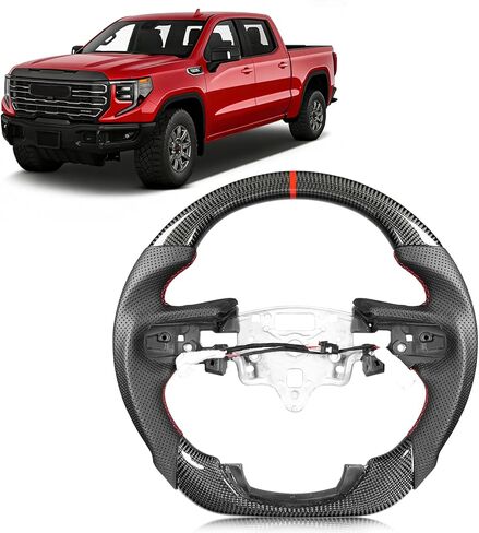 Carbon Fiber Steering Wheel for GMC Sierra 1500 2019-2024, D-Shaped Flat-Bottom, Nappa Perforated Leather Grip, Hand-Stitched (No Paddle Shifters) in Kuwait