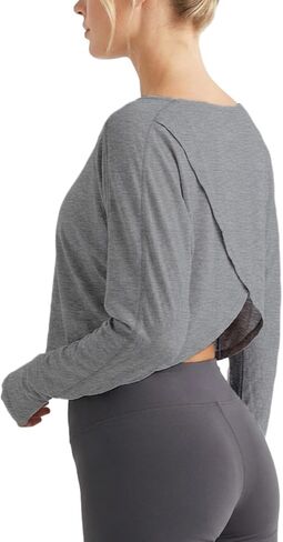 قميص يوجا قصير بأكمام طويلة للنساء من Sanutch - تي شيرت رياضي ناعم ومسامي برقبة قارب للارتداء اليومي in Kuwait