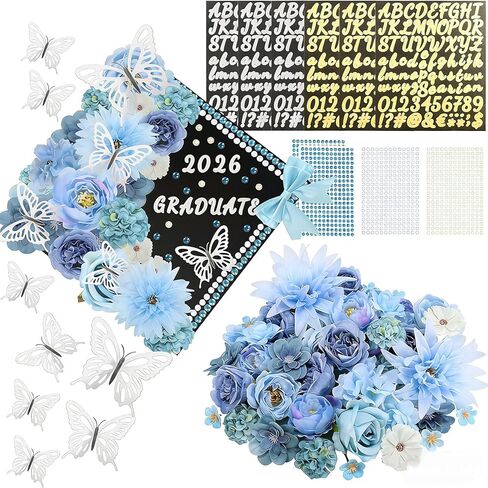 69 Pcs Graduation Cap Decorations Kits, Grad Cap Topper Decorations Included Faux Flowers 3D Butterfly Bow Rhinestones Alphabet Letter Stickers for Graduation Cap Topper DIY Craft Art Decor (Blue) in Saudi Arabia