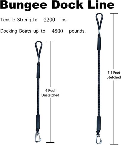 Bungee Dock Lines for Boats: 2PCS 4 Feet Dock Bungee Lines for Boats with Stainless Steel Clip & Adjustable Loop for Jet Ski, Pontoon, PWC, Kayak, Black in Kuwait