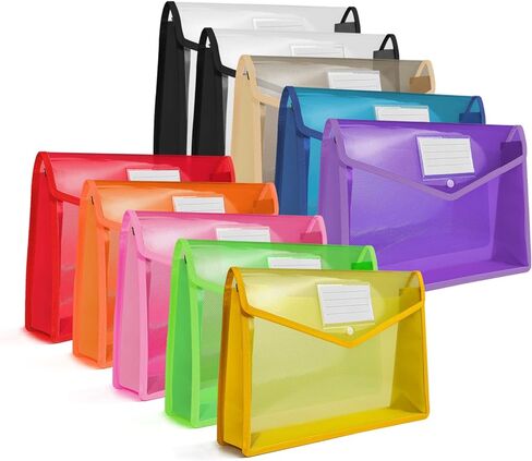 HOUYEE 10 Pieces Plastic Envelope Expanding File, Folder with Snap Closure and Pocket, Fit for US Letter Size & A4 Size,Waterproof Transparent File Pouch for School and Office,9 Color, Festival Gift in Kuwait