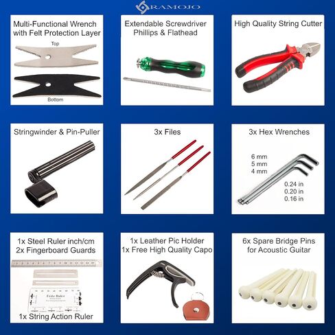 طقم إعداد الجيتار مع حقيبة حمل - مجموعة أدوات الإصلاح والصيانة للجيتار الصوتي والكهربائي، والقيثارة، والباس والبانجو، وقاطع سلسلة ممتاز، ومفتاح ربط متعدد الوظائف مع لباد، وأدوات لوثير in Kuwait