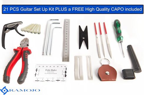طقم إعداد الجيتار مع حقيبة حمل - مجموعة أدوات الإصلاح والصيانة للجيتار الصوتي والكهربائي، والقيثارة، والباس والبانجو، وقاطع سلسلة ممتاز، ومفتاح ربط متعدد الوظائف مع لباد، وأدوات لوثير in Kuwait