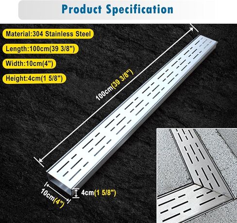 Stainless Steel Channel Drain Kit for Garage, Deck, Driveway, Patio, Yard, Parking Lot - 10x4cm (4"x1.625") Trench Drain and Grate System, Durable Floor Grating in Kuwait