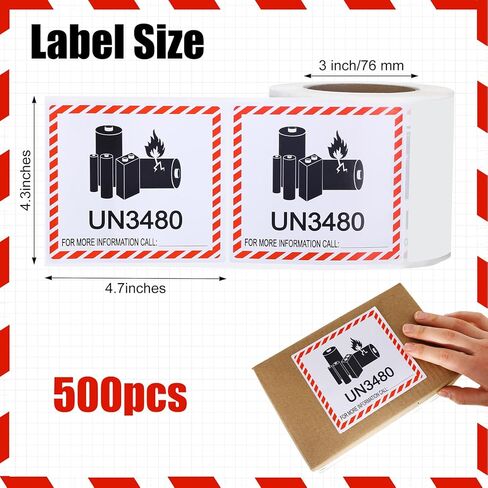 Affrolling 500 PCS UN3480 Lithium Ion Battery Caution Warning Labels - 4.7" x 4.3" Adhesive Safety Stickers for Business Shipping Lithium Batteries in Saudi Arabia