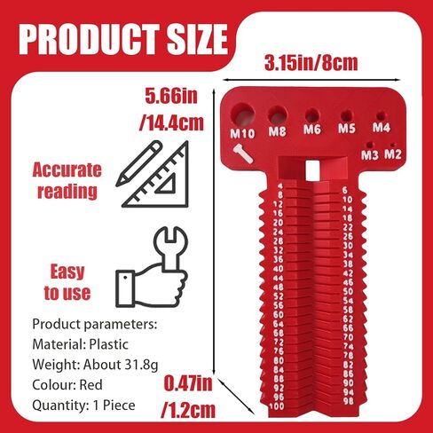 فاحص خيط الصواميل والمسمار المتري، أداة قياس الخيط M2-M10 الأحجام المترية ومقياس الطول 4-100، مكتشف حجم المسمار ومعرف الصمولة للتحقق السريع من الحجم، قطعة واحدة in Kuwait