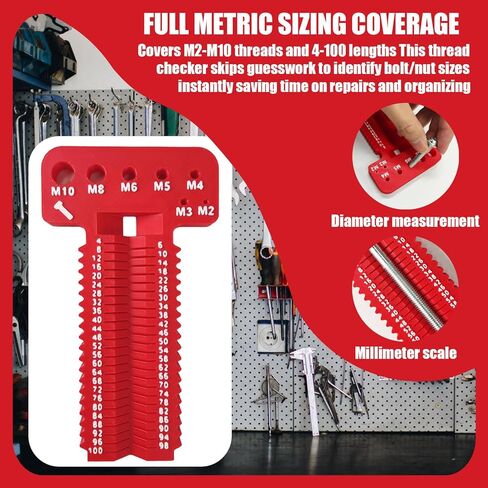 فاحص خيط الصواميل والمسمار المتري، أداة قياس الخيط M2-M10 الأحجام المترية ومقياس الطول 4-100، مكتشف حجم المسمار ومعرف الصمولة للتحقق السريع من الحجم، قطعة واحدة in Kuwait