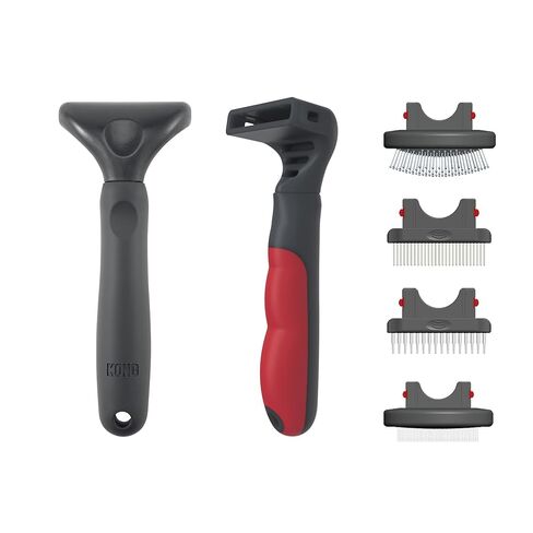 Tool Kong 4-in-1 القابلة للتبديل للأدوات الكلاب-Rake ، Slicker ، Comb & Pin Brush Heads ، تصميم متعدد الاستخدامات الكل في واحد ، مقبض غير انزلاق ، لجميع أنواع الأطباق ، الأحمر/الرمادي in Kuwait