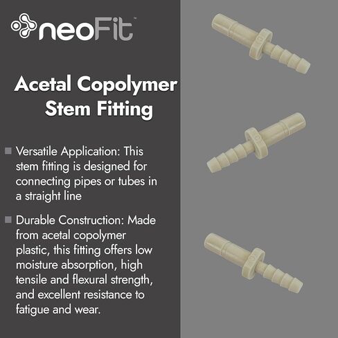 NeoFit Acetal Copolymer Stem Fitting with 1/4" Stem x 1/4" Barb for Straight Line Connection of Pipes and Tubes, Durable Plastic Construction by Neo-Pure (Gray) in Kuwait