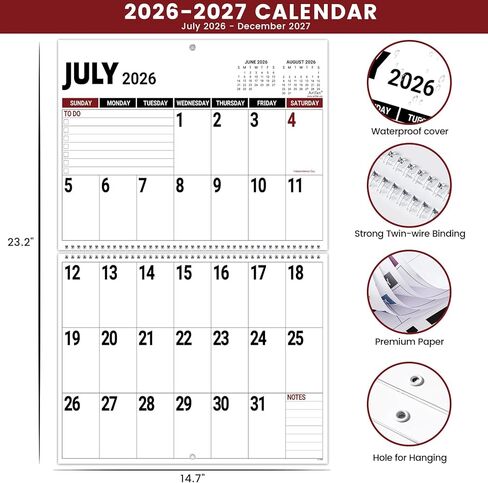 2026 Large Wall Calendar - 2026 Large Calendar, 2026 Wall Calendars, Jan. 2026 - Dec. 2026, Big Calendars 2026, 12 Months Jumbo Large Print 2026 Calendar, 14.7'' x 11.6''(Close)/14.7'' x 23.2''(Open), Twin-Wire Binding in Saudi Arabia