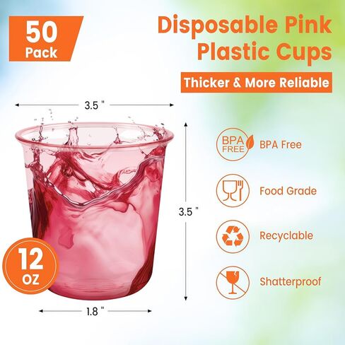 50 Pcs Pink Plastic Cups, 12 Oz Disposable Stemless Wine Glasses Cocktail Pink Party Cups for Meeting, Wedding, Birthday, Valentines Party in Kuwait