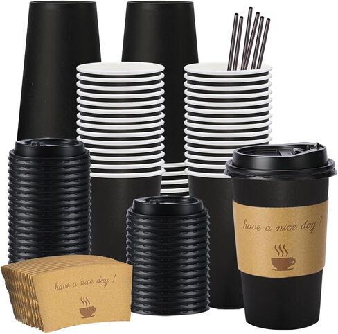 BYSNOW 100 pack 12 oz Disposable Thickened Coffee Cups with Lids, Scald Resistant Hot Cup with Sleeve and Straw, To Go Coffee Cups for Home, Office, Cafes and Party (White 12oz) in Saudi Arabia