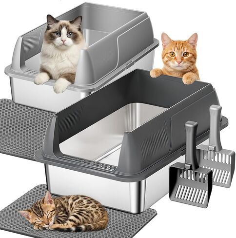 Gimars 16" High Walls Dual Top & Front Entry Stainless Steel Cat Litter Box with Lid — XL 3-in-1 (Enclosed/Semi-Enclosed/Open), Leak-Proof, Odor Control, Dog-Proof — for Multi-Cat, Kittens & Seniors in Kuwait