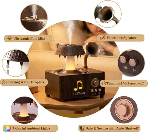 موزع روائح العلاج العطري بقطرات الماء الدوارة، موزع الزيوت العطرية العطرية مع مكبر صوت بلوتوث، مرطب بالموجات فوق الصوتية، أضواء ملونة، مؤقت، جهاز تحكم عن بعد، 250 مل، هدية in Kuwait