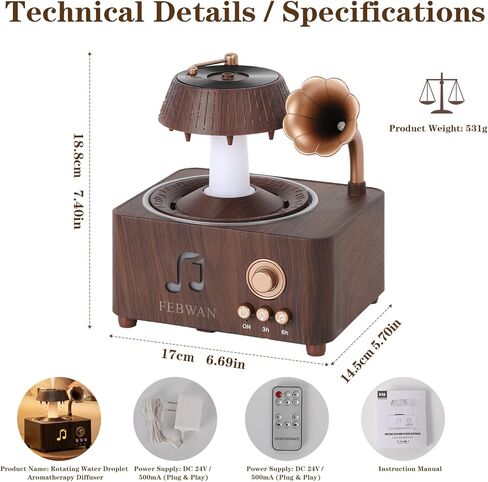 موزع روائح العلاج العطري بقطرات الماء الدوارة، موزع الزيوت العطرية العطرية مع مكبر صوت بلوتوث، مرطب بالموجات فوق الصوتية، أضواء ملونة، مؤقت، جهاز تحكم عن بعد، 250 مل، هدية in Kuwait