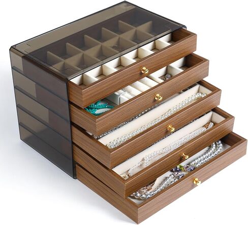 3 Layer Wooden Drawers Jewelry Box Vintage Style Jewelry Organizer with Acrylic Cover, Jewelry Storage Display Box for Ring Earrings Necklace Bracelet Box for Women and Girls(Walnut Color) (A) in Kuwait