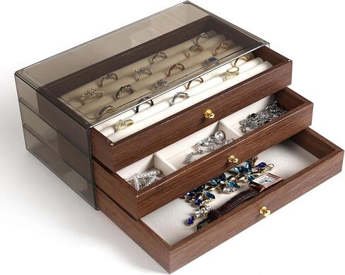 3 Layer Wooden Drawers Jewelry Box Vintage Style Jewelry Organizer with Acrylic Cover, Jewelry Storage Display Box for Ring Earrings Necklace Bracelet Box for Women and Girls(Walnut Color) (A) in Kuwait