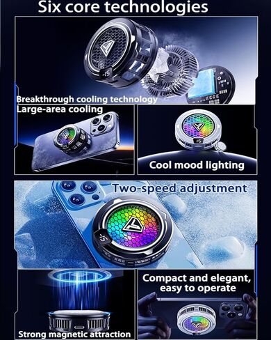 مروحة تبريد الهاتف، مشعاع مغناطيسي مع أضواء RGB، لألعاب الهاتف المحمول والبث المباشر، توافق عالمي مع أجهزة Android/iPhone/iPad، تبريد توصيل كبير (Cooler 2 Black) in Kuwait