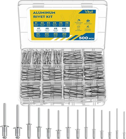 Vibit 500 Pcs Pop Rivets Assortment Kit, 14 SAE Sizes Aluminum Rivets, 3/32", 1/8", 5/32", 3/16", 1/4" Rivet Kit, Assorted Blind Rivets for Metal, DIY, Automotive & Home Repair in Kuwait