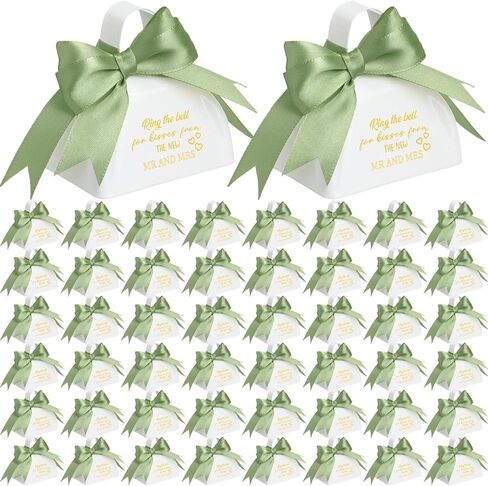 Boao 50 Pcs Metal Cowbell with Handle & 2 Roll Green Ribbon White Cow Bells Small Loud Noise Makers for Wedding Sporting Events Hand Percussion Cheering Spirit Celebrations, 3 x 2.8 x 2.5 Inch in Saudi Arabia
