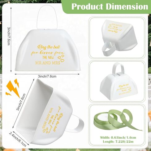 Boao 50 Pcs Metal Cowbell with Handle & 2 Roll Green Ribbon White Cow Bells Small Loud Noise Makers for Wedding Sporting Events Hand Percussion Cheering Spirit Celebrations, 3 x 2.8 x 2.5 Inch in Saudi Arabia