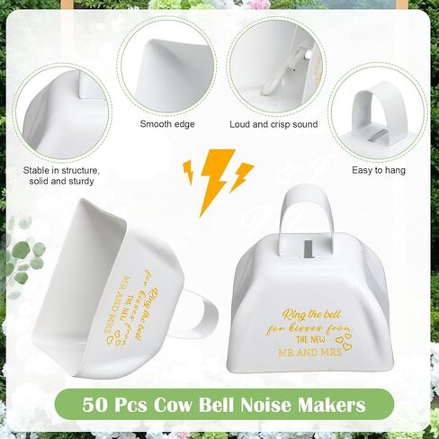 Boao 50 Pcs Metal Cowbell with Handle & 2 Roll Green Ribbon White Cow Bells Small Loud Noise Makers for Wedding Sporting Events Hand Percussion Cheering Spirit Celebrations, 3 x 2.8 x 2.5 Inch in Saudi Arabia