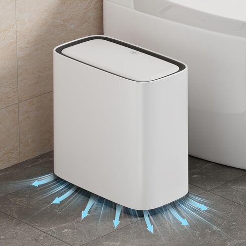 سلة مهملات الحمام، سلة قمامة صغيرة نحيفة سعة 2.1 جالون مع غطاء وعجلات، موسع كيس ضغط الهواء ودلو داخلي، سلة نفايات بلاستيكية بيضاء مقاومة للكلاب للمطبخ والمكتب وغرفة النوم وصندوق قمامة القمامة in Kuwait