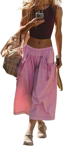 سروال نسائي صيفي للمشي لمسافات طويلة فضفاض واسع الساق سريع الجفاف مع جيب كبير مكشكش للتخييم في الهواء الطلق والارتداء اليومي in Kuwait