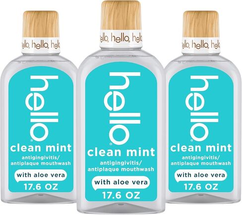 غسول الفم Hello Clean Mint الخالي من الكحول مع الصبار، 17.6 أونصة سائلة، غسول الفم المضاد لالتهاب اللثة مع النعناع المزروع في المزرعة، خالي من الفلورايد، بدون كحول بدون حرق، نباتي، غسول فم بالنعناع، ​​3 عبوات in Kuwait