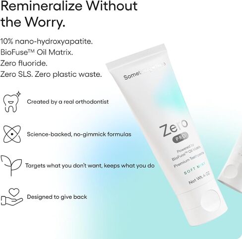 معجون أسنان سمث نايس زيرو برو - معجون أسنان نانو هيدروكسيباتيت 10% خالٍ من الفلورايد مع مصفوفة زيت بيوفيوز، إعادة التمعدن، تبييض وإصلاح المينا للأسنان الحساسة، للبالغين والأطفال، نعناع، ​​4oz in Kuwait