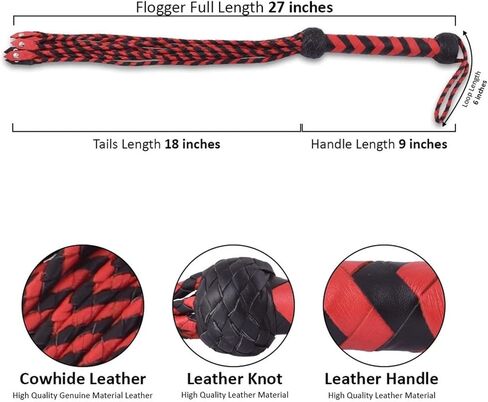 Handmade Braided Leather Flogger Whip Red & Black | 27 Inches Full Length Real Leather with Tails in Saudi Arabia