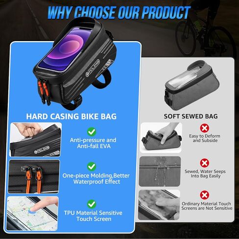 WOTOW Bike Frame Bag - Waterproof Bicycle Top Tube Bag with TPU Sensitive Touch Screen & 1.9L Capacity, EVA Hard Shell Phone Holder Mount Bag, Compatible with 4.7-7" Phones with Case in Kuwait