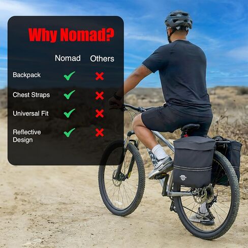 Nomad USA 34L Bicycle Saddlebags Pair XL 2-in-1 Bike Panniers Converts to Backpack Carry Bag Reflective Everyday Scooters Commuters Bike Rear Rack Bag w/Rain Cover for Students,City,Road,Mountains in Kuwait