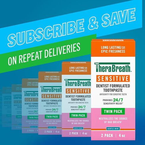 معجون أسنان TheraBreath الحساس، تخفيف الحساسية على مدار الساعة طوال أيام الأسبوع (1)، مع الفلورايد للحماية من التجويف، نعناع لطيف، 118 مل، عبوتان in Kuwait