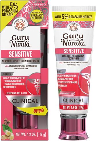 معجون أسنان جوروناندا الحساس - 5% نترات البوتاسيوم لتخفيف حساسية الأسنان، نانو هيدروكسيباتيت والكركم الأبيض للثة السعيدة، خالي من الفلورايد، نعناع القرنفل الطبيعي، 4.2 أونصة in Kuwait