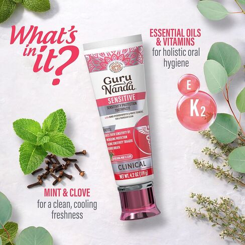 معجون أسنان جوروناندا الحساس - 5% نترات البوتاسيوم لتخفيف حساسية الأسنان، نانو هيدروكسيباتيت والكركم الأبيض للثة السعيدة، خالي من الفلورايد، نعناع القرنفل الطبيعي، 4.2 أونصة in Kuwait