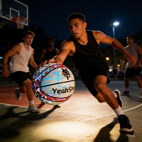 Glow in The Dark Basketball-Light up Ball Holographic Reflective and Cool Glow Basketball, Durable and Stylish for All Courts Complete Air Pump Kit,Holiday The Perfect in Saudi Arabia