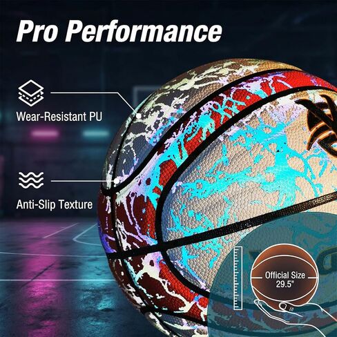 Glow in The Dark Basketball-Light up Ball Holographic Reflective and Cool Glow Basketball, Durable and Stylish for All Courts Complete Air Pump Kit,Holiday The Perfect in Saudi Arabia
