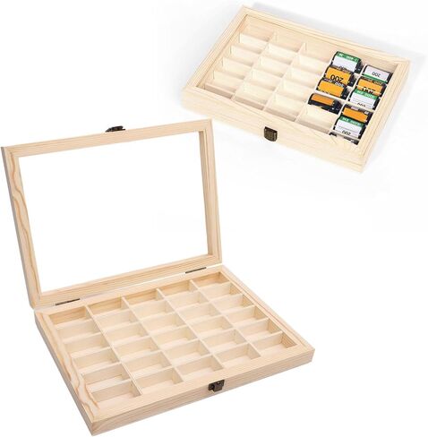 Film Cassette Display Case 30 Slots Solid Wood Storage Box for 135 Film Cassettes, Rustic Style, Multi purpose Organizer with Handles, External Label Slots in Saudi Arabia