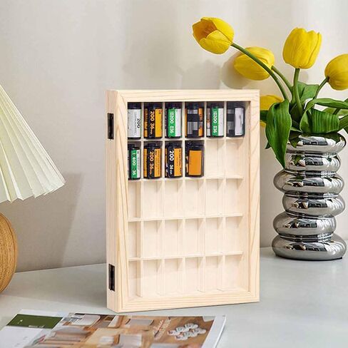 Film Cassette Display Case 30 Slots Solid Wood Storage Box for 135 Film Cassettes, Rustic Style, Multi purpose Organizer with Handles, External Label Slots in Saudi Arabia