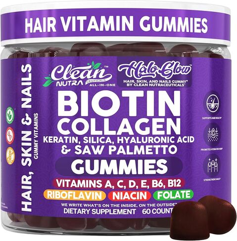 Clean Nutra Biotin Gummies | Collagen, Hyaluronic Acid, Keratin Hair Vitamins Supplement - Hair Growth Support, Skin & Nails - Vitamins C, D, E, B6 & B12 - US Made for Women & Men | 60 Gummy Count in Saudi Arabia